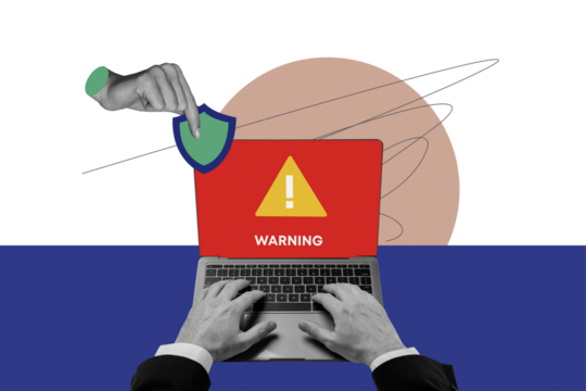 Creative collage picture banner laptop user freelancer warnings message data leak protection antivirus malware danger drawing background