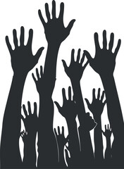 Silhouette of multiple raised hands symbolizing unity, support, and collective participation.