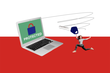 Photo collage creative banner young runner girl hold key laptop screen lock protection web security cyber safety antivirus malware defense