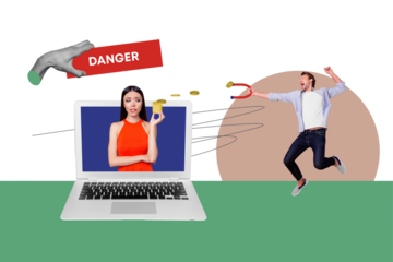 Photo collage creative picture young woman man fraud internet money steal data protection danger robbery theft virtual finance laptop