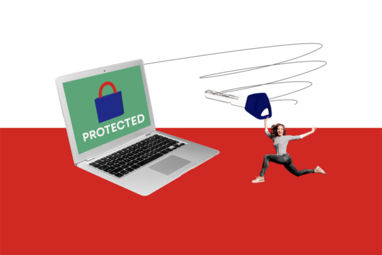 Photo collage creative banner young runner girl hold key laptop screen lock protection web security cyber safety antivirus malware defense