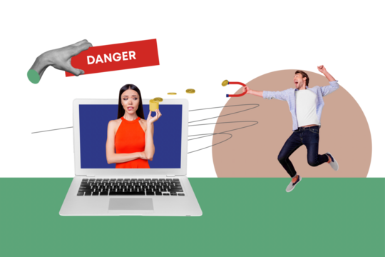 Photo collage creative picture young woman man fraud internet money steal data protection danger robbery theft virtual finance laptop