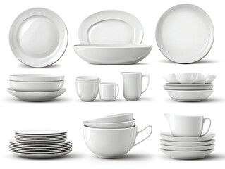 White ceramic plates, bowls, and cups; various shapes and stacks;  illustration for catalog or website; kitchenware