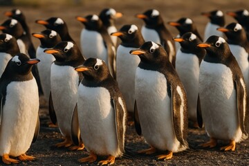 Obraz premium Gentoo penguins standing together outdoors.