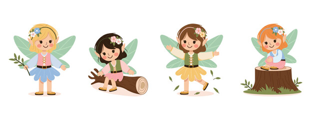 Set of cute forest fairy girl with wings on white background. Poster, Banner, Flyer, Greeting Card. Vector illustration in flat cartoon style