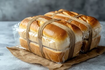 Two loaves of bread are wrapped and tied with twine