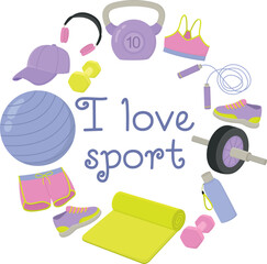 I love sport round banner. Colorful illustration with fitness equipment and clothing	