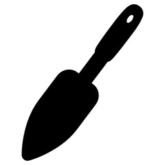 Garden shovel. Silhouette. Black scoop with handle and hanging hole. Vector illustration. Isolated white background. Idea for web design.