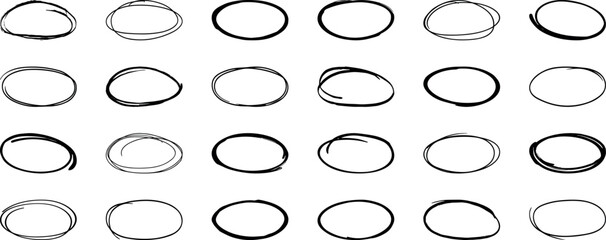 Handdrawn doodle grunge circle highlights. Charcoal pen round ovals. Marker scratch scribble inrounder. Round scrawl frames.