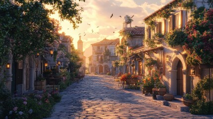 Fototapeta premium A picturesque cobblestone street lined with charming houses and blooming flowers, bathed in warm sunset light, creating a serene and inviting atmosphere.