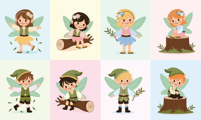 Set of cute forest fairy girl and boy with wings on color background. Poster, Banner, Flyer, Greeting Card. Vector illustration in flat cartoon style