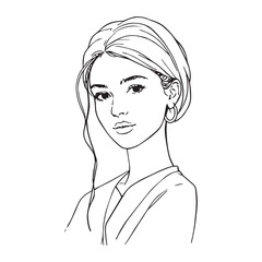 On a white background illustrate a black and white coloring book line art of a boho minimalistic portrait of a woman, on a simple white background.