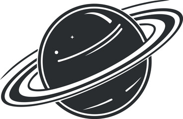 Monochrome illustration of a ringed planet resembling Saturn, highlighting its iconic rings.