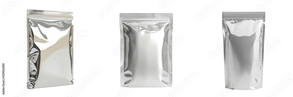 Poster minimalist isolated mockups of metallic packaging bags for product display and branding purposes in 
