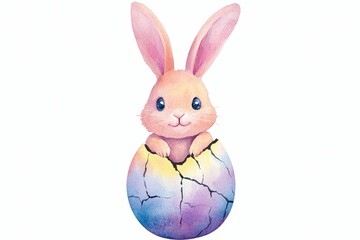 Fototapeta premium Watercolor bunny emerging from cracked egg spring theme cute animal illustration playful environment whimsical viewpoint