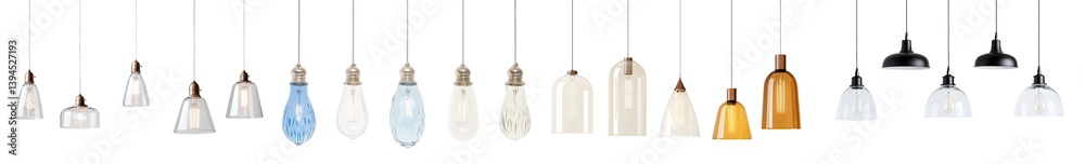 Poster creative arrangement of minimalist hanging light fixtures showcasing diverse styles and shapes in a 
