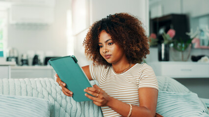 Relax, tablet and reading with woman on sofa for social media, online update and communication....