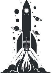 Black and white illustration of a rocket launching into space with planets and stars.