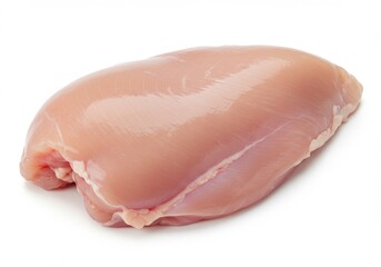 Isolated raw chicken breast fillet displayed on a white background in a close up studio shot