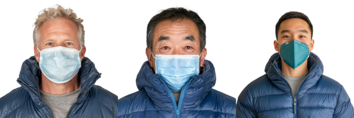 Diverse group of individuals wearing masks in isolated minimalist mockups for health awareness during public gatherings