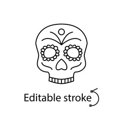 Human skull with flowers outline icon. Day of the death. Mexican holiday. Vector stock illustration