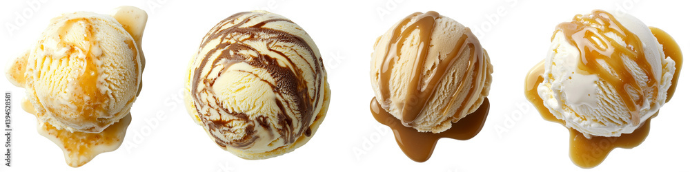 Poster various flavors of melting ice cream scoops arranged on a minimalist white background showcasing dif