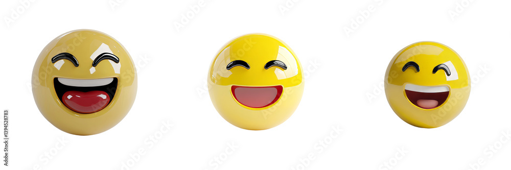 Poster three cheerful yellow smiley faces showcasing varying expressions on a clean white background in a m