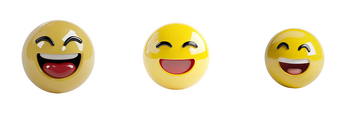 Three cheerful yellow smiley faces showcasing varying expressions on a clean white background in a minimalistic design setting