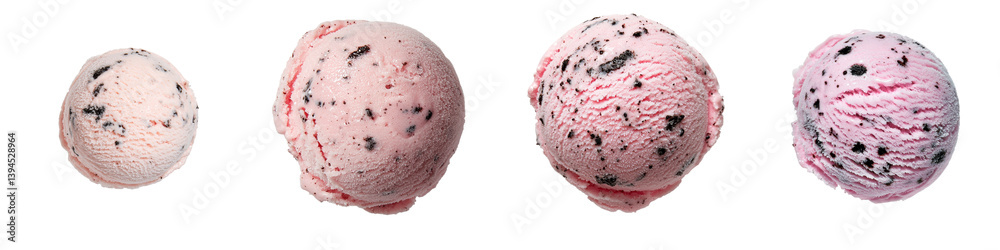 Poster different varieties of pink and black ice cream scoops arranged on a minimalist background