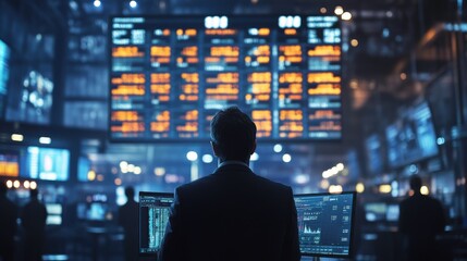 A person stands in front of large digital screens displaying stock market data, emphasizing a busy trading environment.