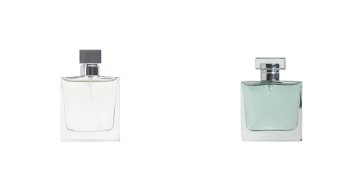 Stylish minimalist mockups of two elegant perfume bottles on a clean white background for design inspiration