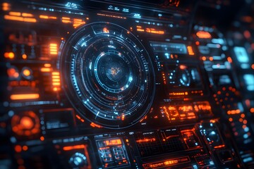 Obraz premium Futuristic Car Dashboard with Digital Interface and Holographic Display, High-Tech Vehicle Interior at Night