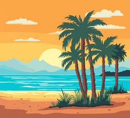 Summer tropical beach background with palms, sky sunrise and sunset. Summer vacation background cartoon concept. Summertime