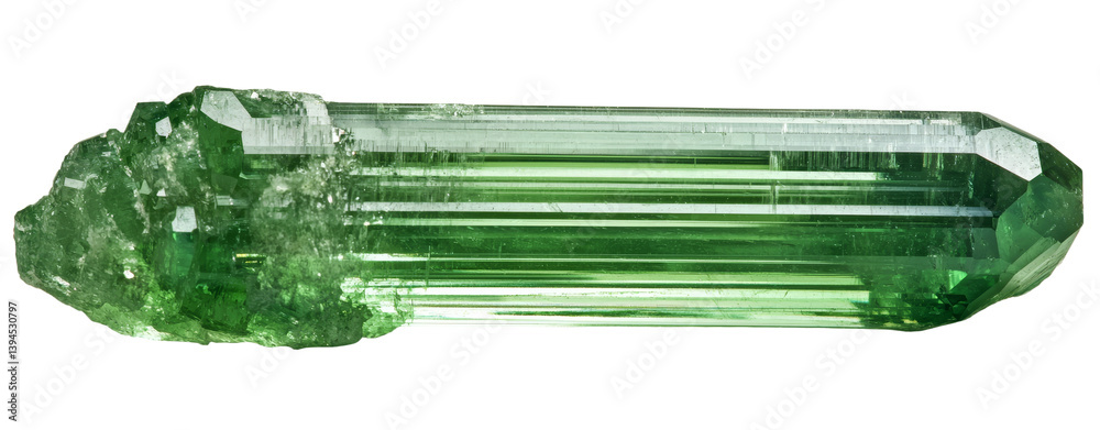 Poster showcase of an isolated green mineral crystal captured in a minimalist style featuring elongated fac