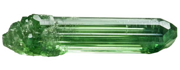 Showcase of an isolated green mineral crystal captured in a minimalist style featuring elongated facets and clean lines