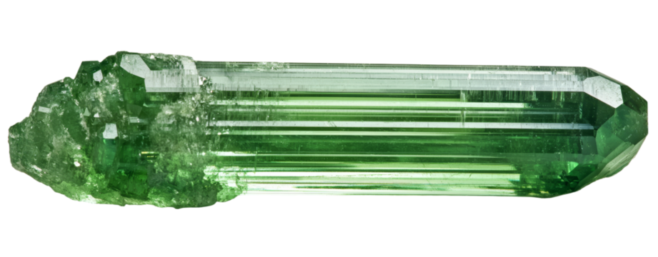 Showcase of an isolated green mineral crystal captured in a minimalist style featuring elongated facets and clean lines
