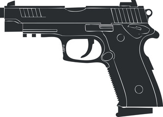 Black silhouette illustration of a pistol showing side view and detailed outline design.