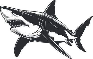 Fototapeta premium Black and white illustration of a great white shark showing its sharp teeth and powerful form.