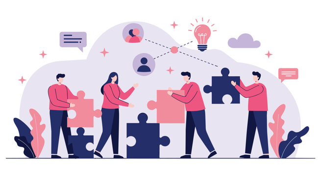 Team building puzzle solution concept. Coworkers connecting jigsaw pieces together. Business collaboration, problem solving, unified strategy concept.