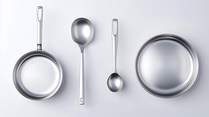 Stainless steel cookware, top view, kitchen utensils, white background, cooking tools