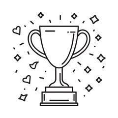 On a white background illustrate a black and white coloring book line art of a simple (sports trophy with confetti), on a simple white background 