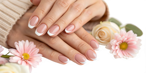 Beautiful Woman Hands with French Manicure Isolated on White Background

