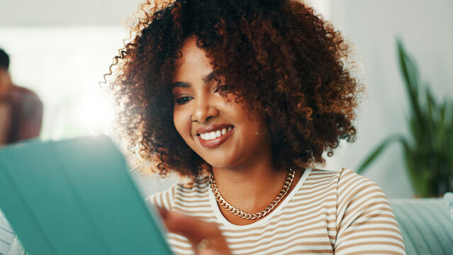 Relax, streaming and woman with tablet, lounge and watching series on app, subscription and home. Break, digital and black person with tech for movies, connection or browsing on social media in house - Powered by Adobe