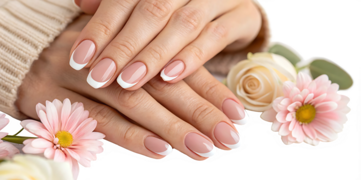 Beautiful Woman Hands with French Manicure Isolated on White Background

