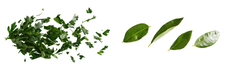 Fresh herbs laid out in a minimalist style featuring chopped parsley and whole bay leaves on a plain backdrop