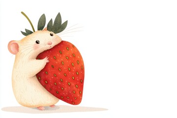 Cute hamster with strawberry in watercolor style whimsical art playful environment charming viewpoint