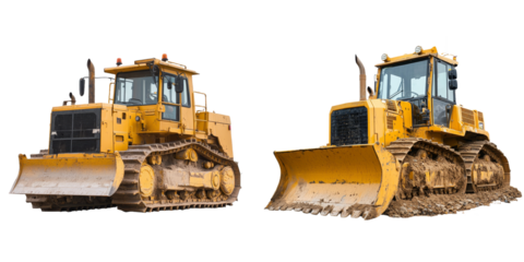Detailed isolated minimalist mockups of heavy construction bulldozers showcasing powerful machinery on a clean backdrop