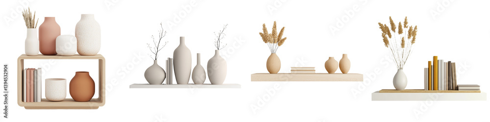 Aufkleber isolated minimalist mockups of decorative vases and bookshelves in soft neutral tones enhancing mode
