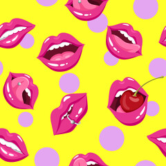 Female lips. Mouth with a kiss, smile, tongue, teeth. Closeup beautiful lips of woman with red, pink lipstick and gloss. Sexy wet lip make-up