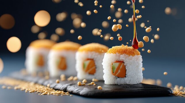 An enticing arrangement of sushi topped with flavorful sauces, showcasing the beauty of culinary excellence.